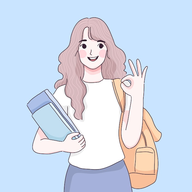 Chica estudiante con ilustración de dibujos animados de gesto de mano ok.