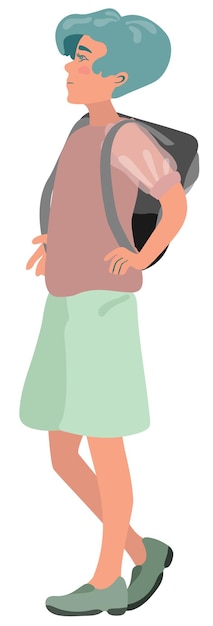 Chica estudiante con mochila gris. Ilustración vectorial dibujada a mano.