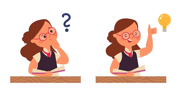 Chica estudiante pensando Niño pequeño pregunta niño estúpido pensar e inspirar pensamiento Nueva idea o entender encontrar solución con el concepto de vector decente del libro