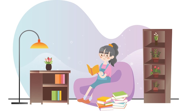 Chica estudiante sentada leyendo un libro en la sala de estar Vector Premium