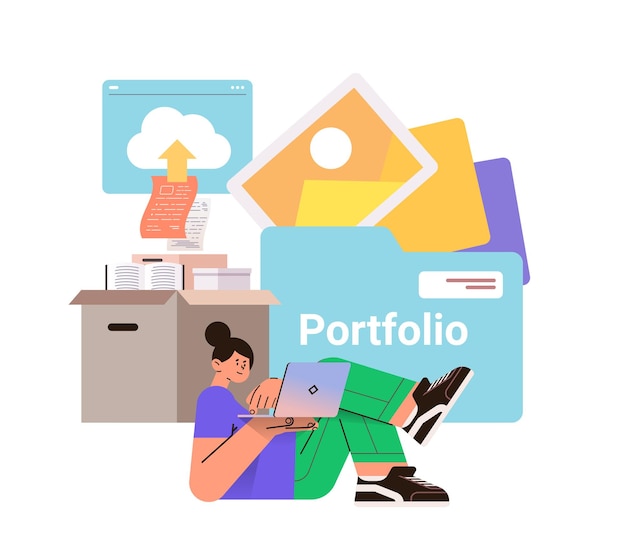 Chica estudiante trabajando en una computadora portátil creando un portafolio con diferentes herramientas y documentos concepto de educación en línea