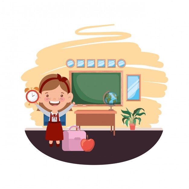 Chica estudiante con útiles escolares en el aula
