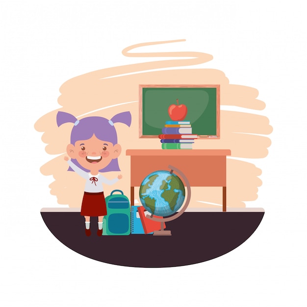 Chica estudiante con útiles escolares en el aula