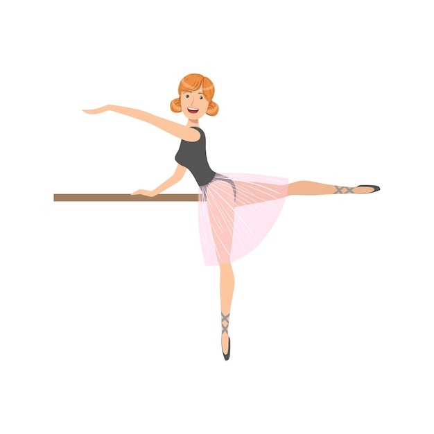 Chica en falda rosa en clase de baile de ballet haciendo ejercicio con el poste