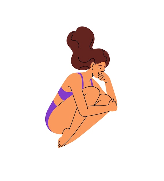 Chica feliz en bikini salta al agua Mujer joven en traje de baño se sumerge en el mar Persona se divierte nadando en el océano en vacaciones de verano Ilustración vectorial aislada plana sobre fondo blanco