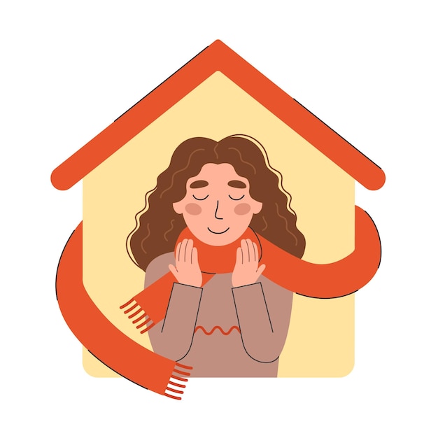 Chica feliz en una bufanda en el fondo de su casa. Ilustración de vector de concepto de hogar acogedor