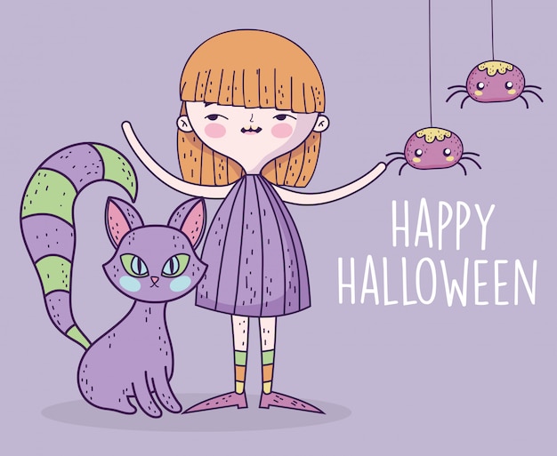 Chica feliz celebración de halloween con gato y arañas