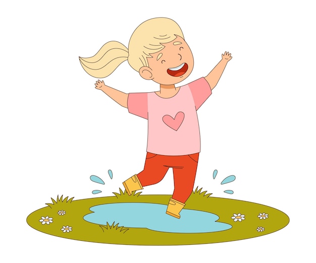 Chica feliz con cola de caballo saltando con alegría salpicando en el charco involucrada en la temporada de primavera Ilustración vectorial de actividad