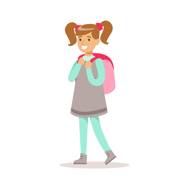 Chica feliz con colas de caballo en ropa de color femenino clásico Personaje de dibujos animados sonriente que va a la escuela