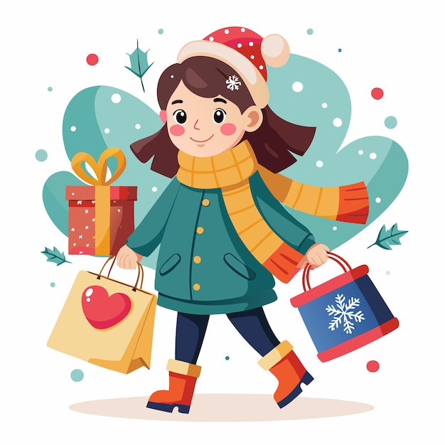 Chica feliz comprando regalos de Navidad con bolsas