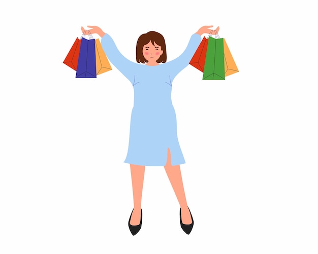 Chica feliz con las compras en sus manos compras en línea con ropa de moda venta estacional