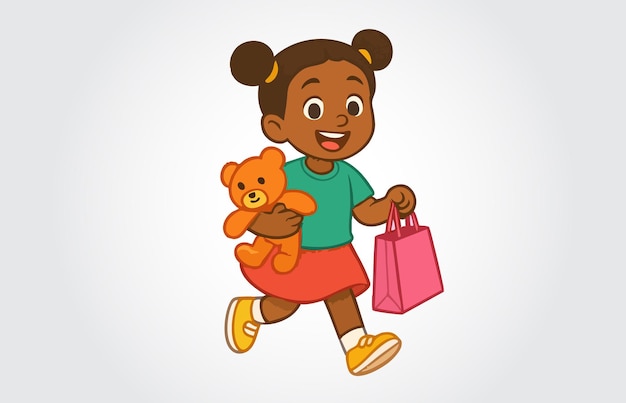 Una chica feliz corriendo con un oso de peluche y una bolsa de compras