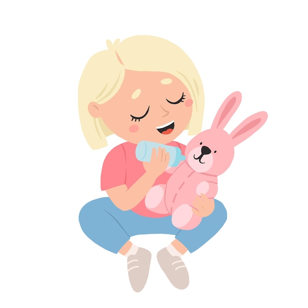 Chica feliz de dibujos animados jugando con conejo y sonriente Ilustración de vector lindo aislado sobre fondo blanco