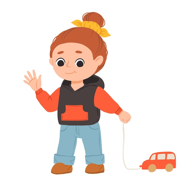 Chica feliz de dibujos animados de pie con coche de juguete y sonriente Ilustración de vector lindo aislado sobre fondo blanco