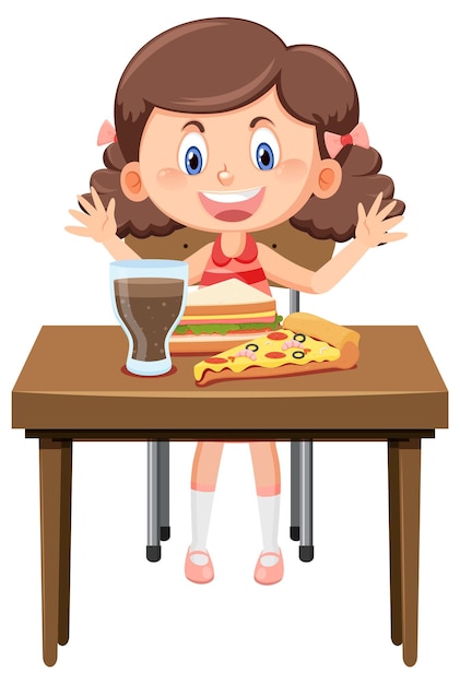 Chica feliz disfruta comiendo comida en la mesa