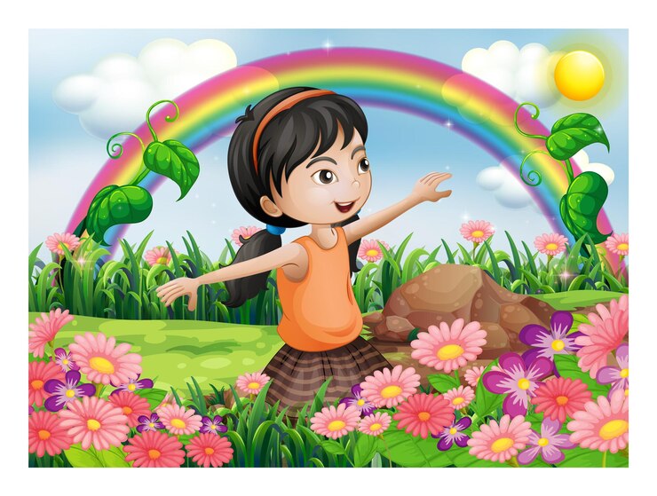Una chica feliz disfrutando de un hermoso día con un arco iris y flores