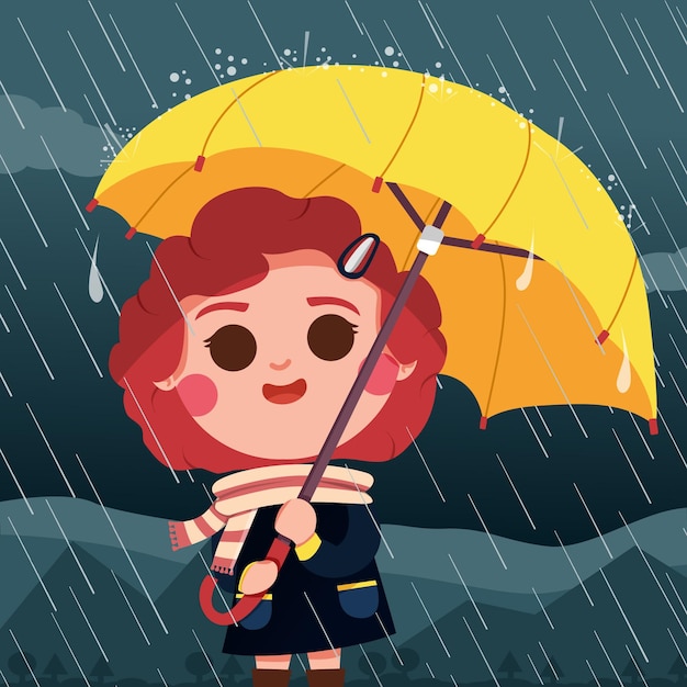 Vector chica feliz jugando en la lluvia con paraguas