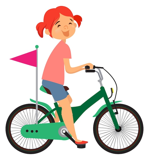 Vector chica feliz montando en bicicleta niño viajando riendo aislado sobre fondo blanco