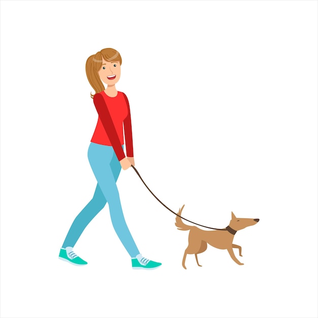 Vector chica feliz paseando a un pequeño perro mascota con la correa parte de la colección de diferentes estilos de vida de las mujeres