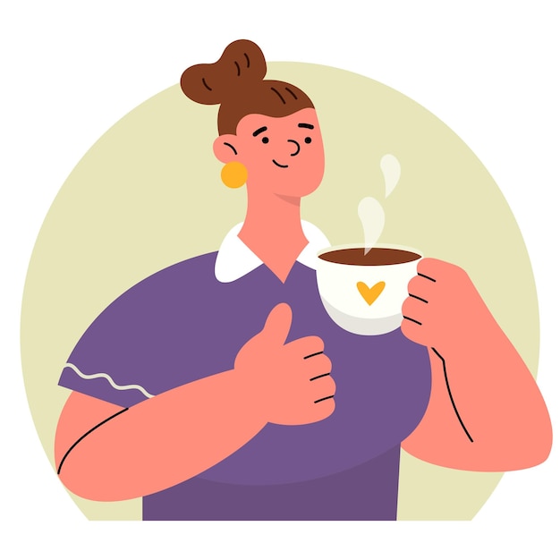 Vector chica feliz en polo violeta con el pulgar hacia arriba sosteniendo una taza de café