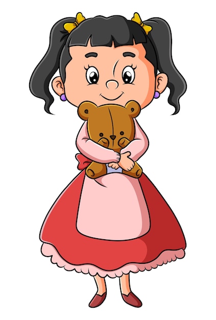 La chica feliz que lleva el vestido está abrazando a la adorable muñeca de la ilustración.