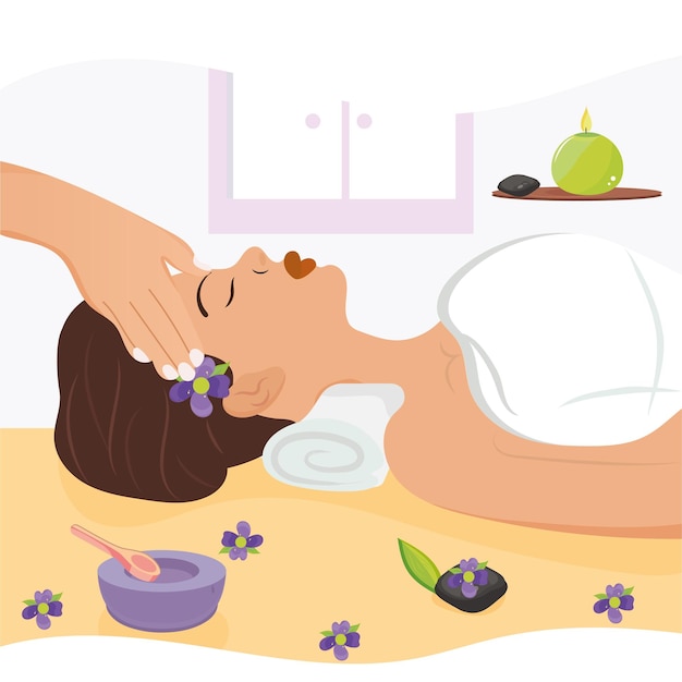 Chica feliz recibiendo un masaje facial Spa concepto Vector
