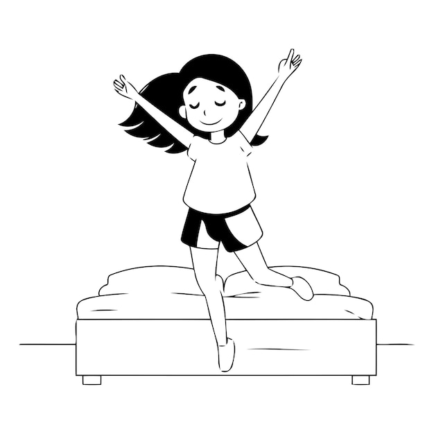 Chica feliz saltando en la cama Ilustración vectorial de dibujos animados