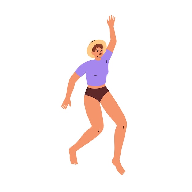 Chica feliz saltando Mujer joven con sombrero de paja y traje de baño emocionada por las vacaciones de verano en la playa Mujer enérgica positiva Ilustración vectorial gráfica plana aislada sobre fondo blanco