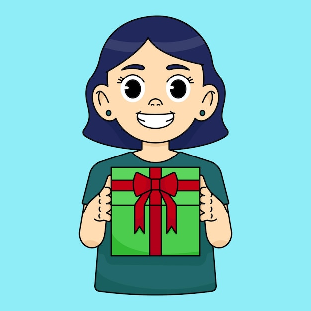 Vector una chica feliz sonriendo y sosteniendo una caja de regalos con un lazo