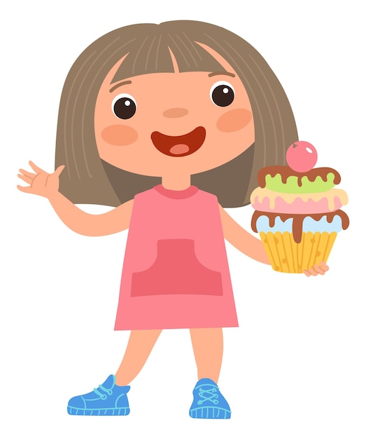 Chica feliz sosteniendo pastelito Niño con dulce postre sabroso