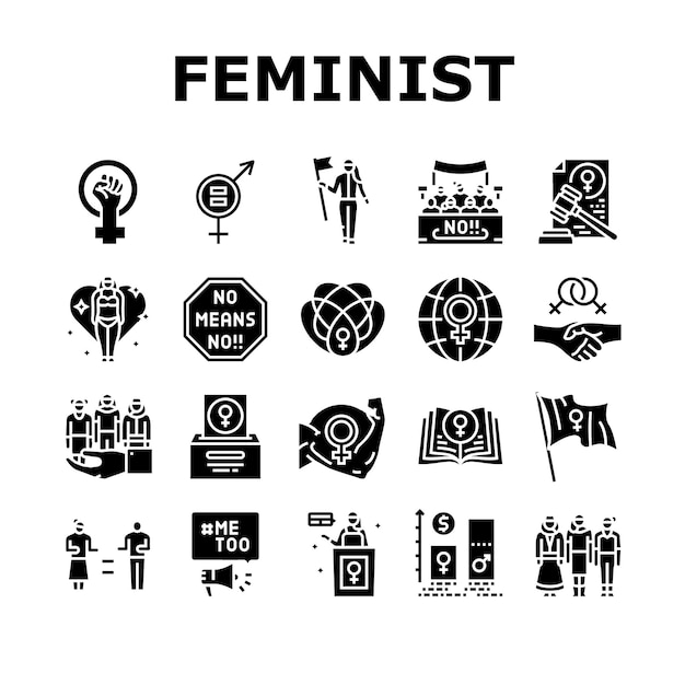 Chica feminismo mujer mujer poder iconos conjunto vector