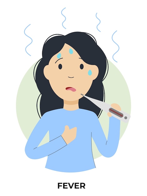 Chica con fiebre Información de síntomas de gripe Ilustración de vector de estilo plano