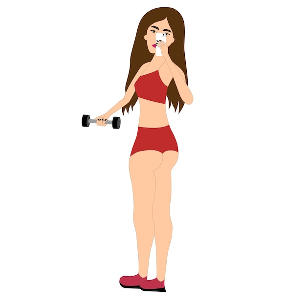 Chica fitness deportiva en buena forma posando haciendo selfie con mancuerna mujer con increíbles músculos abdominales tonificados ilustración vectorial