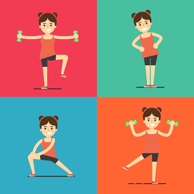 Chica fitness haciendo ejercicio, conjunto de ilustración