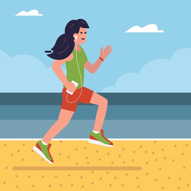 Chica fitness sonriente corriendo en la playa por la mañana Mujer atlética feliz trotando y entrenando en la playa con orejeras Estilo de vida deportivo saludable en vacaciones en el mar y concepto de entrenamiento de verano