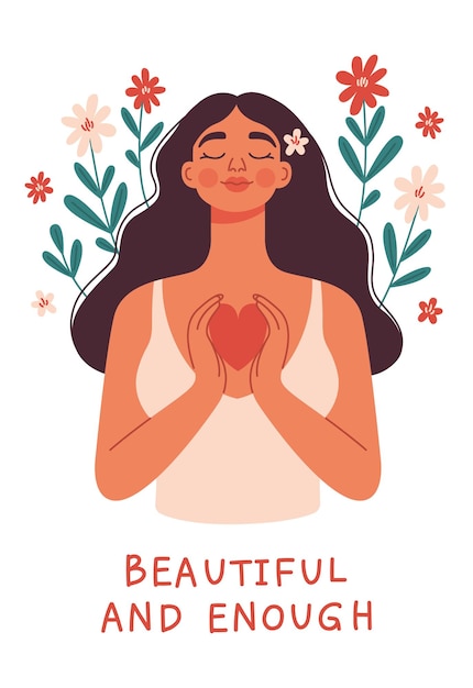 Una chica entre flores abraza un corazón mujeres felices cartel de primavera cartel de auto amor salud mental