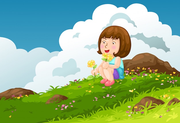 Chica con flores montañas paisaje fondo vector