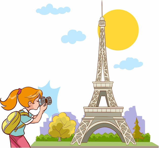 chica fotógrafa toma una foto de la torre eiffel