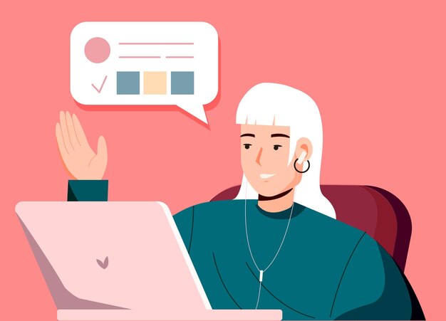 Chica freelance con laptop chateando en línea Trabajo a distancia y concepto de videoconferencia