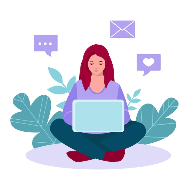 Chica freelance con laptop trabaja, se sienta en el piso. Concepto de vector de trabajo remoto, desde casa. Ilustración de vector de estilo de dibujos animados plana.