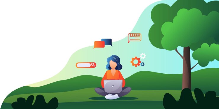 Vector chica freelance trabaja en la naturaleza.