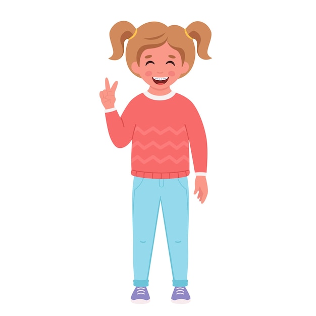 Chica con frenillos en los dientes Ilustración de vector de estudiante de escuela primaria
