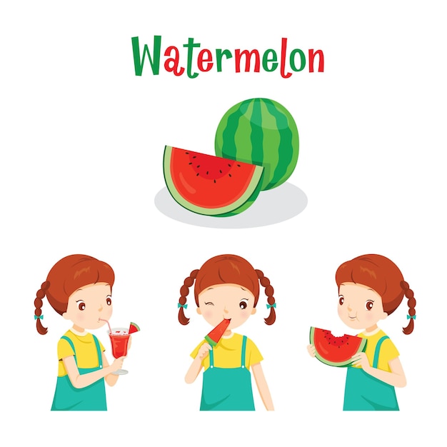 Vector chica con fruta de sandía, jugo, helado y letras, frutas tropicales, alimentación saludable