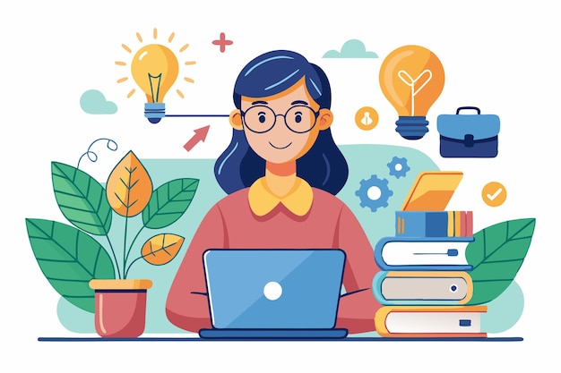 una chica con gafas está sentada en un escritorio con una computadora portátil y un libro con el título cita el título cita