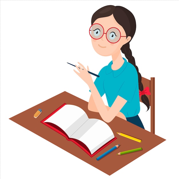 una chica con gafas está sentada en un escritorio.