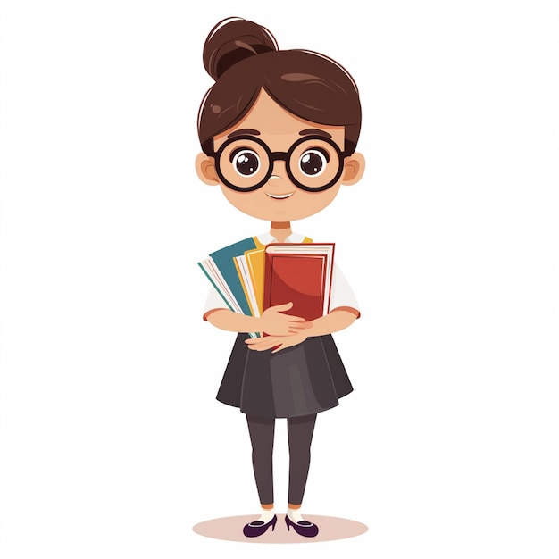 una chica con gafas leyendo libros frente a un fondo blanco