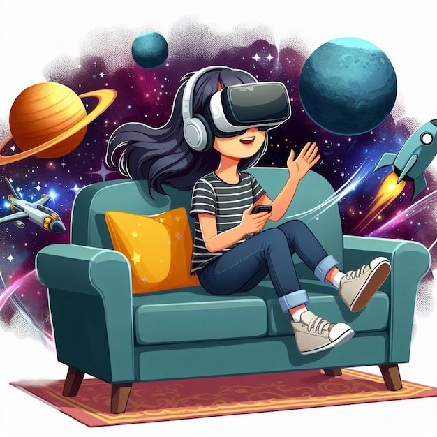 Una chica con gafas de realidad virtual vuela en el espacio