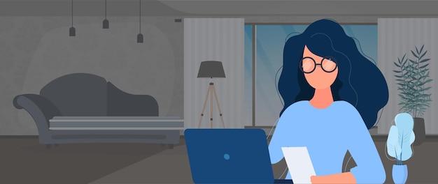 Chica de gafas se sienta en una mesa en la oficina. Chica trabaja en una computadora portátil. El concepto de encontrar personas para trabajar, ver vacantes y currículums. Vector.