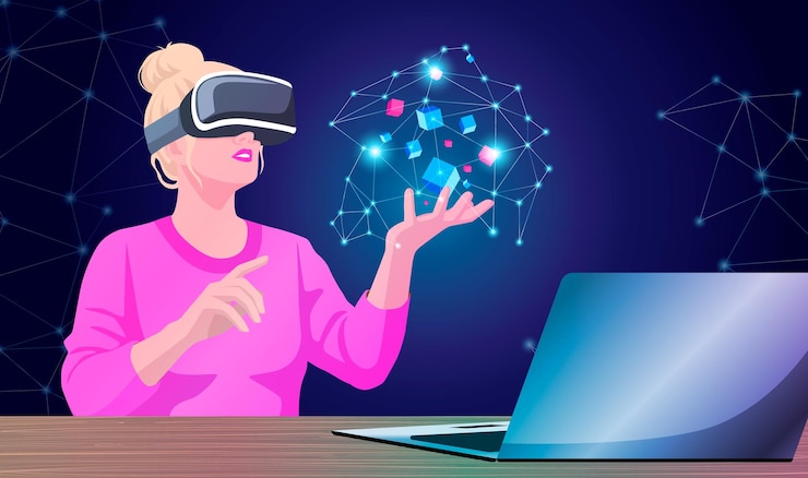 Vector chica en gafas vr creando líneas de alambre de dibujo con el dedo mujer en casco de realidad virtual trabajando con holograma 3d abstracto diseño gráfico moderno en aplicación de universo aumentado ilustración vectorial