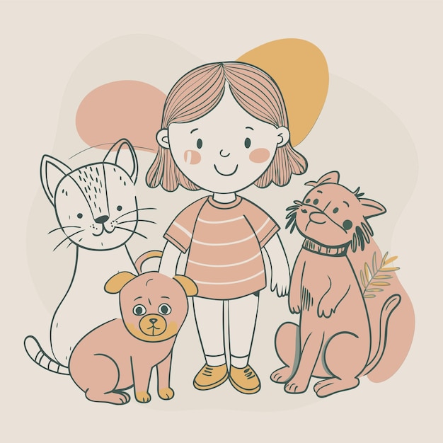 una chica con un gato y perros y un gato